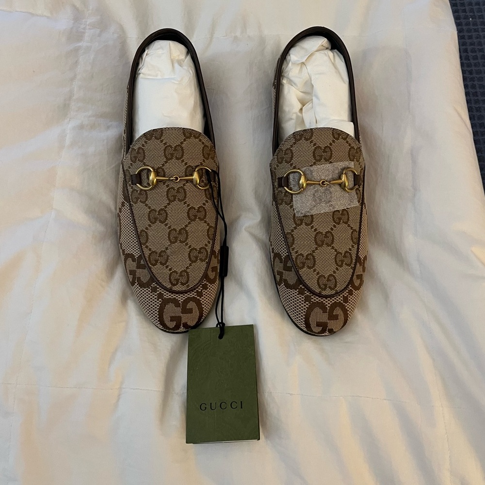 Gucci Tan and Brown Monogram Loafers
